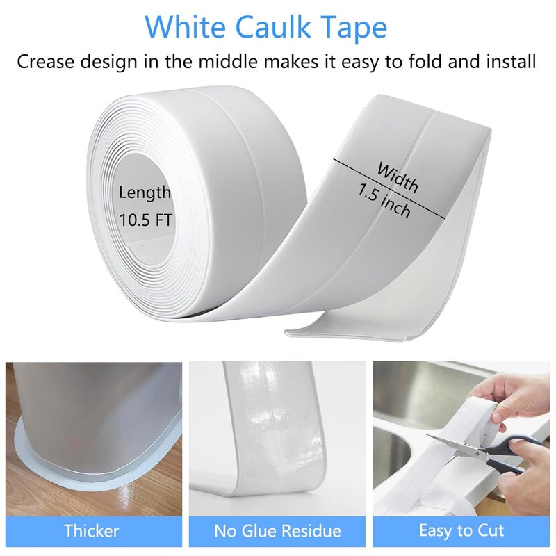 GHAMYEE White Self-Adhesive Waterproof Caulk Tape for Bath & Kitchen - Toilet Sealant, Bathtub Sealing Strip for Bathroom Shower (1.5" x 10.5Ft) - Image 2